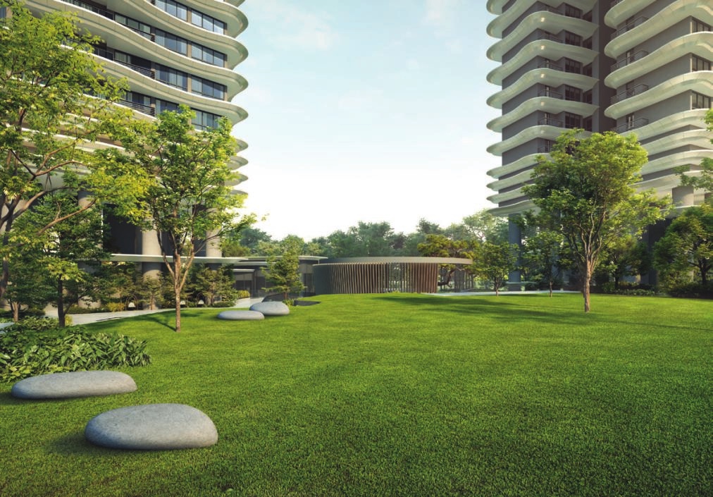 Grand Lawn framed by the two residential towers