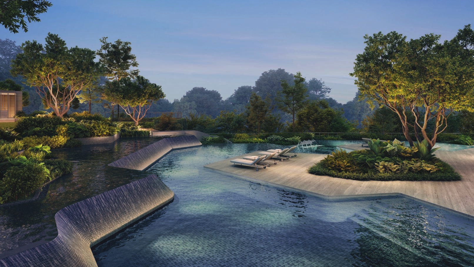 Landscaped pools and decks at the Relaxation Lagoon